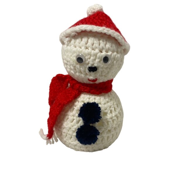 Handmade Crochet Snowman With Santa Hat & Scarf Decoration 8" - Picture 1 of 5